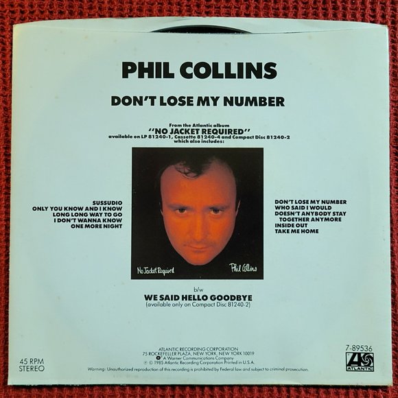 VINYL COLLECTORS -> Phil Collins - RARE Promo Copy 45RPM - Don't Lose My Number - Picture 2 of 4
